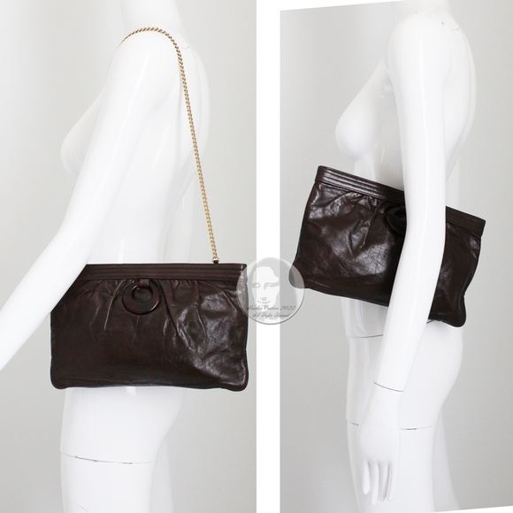 Morris Moskowitz Clutch Shoulder Bag Brown Leather Mod Resin Ring Chain Strap - Picture 3 of 11